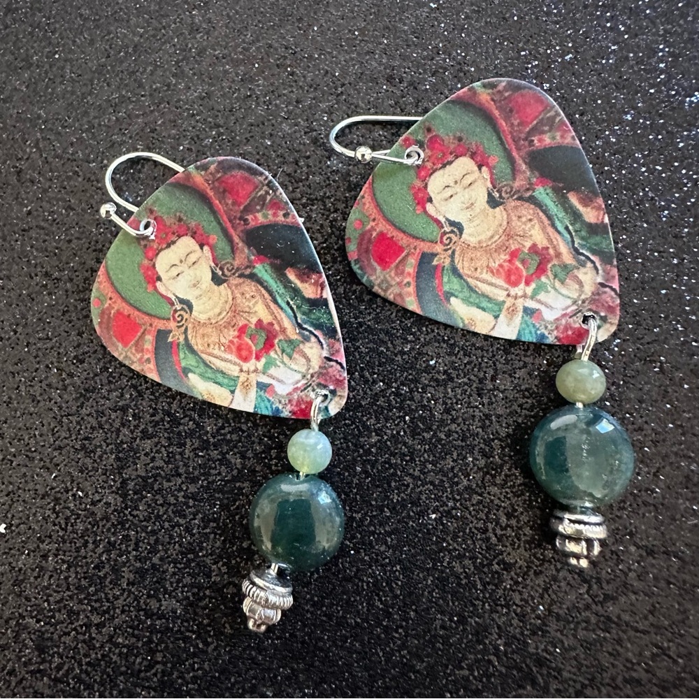 Guitar Pick Earrings - White Tara with Jasper Beads